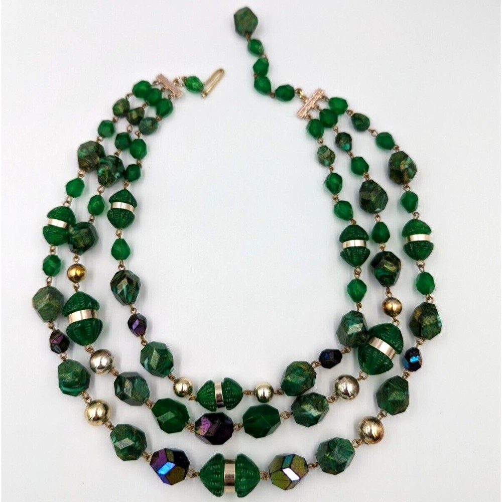 West Germany Lucite Necklace 3 Strands Green Plastic Beads AB Coating Vintage